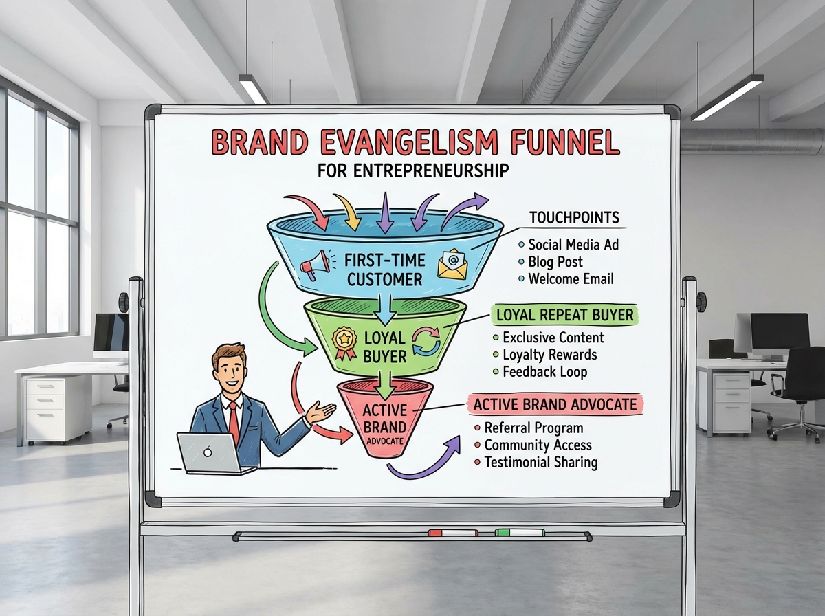 Brand evangelism funnel concept for entrepreneurship showing progression from first-time customer to loyal repeat buyer to active brand advocate with key touchpoints at each stage