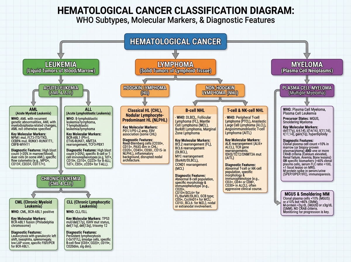 Hematological cancer classification diagram showing leukemia, lymphoma, and myeloma branches with WHO subtype categories, key molecular markers, and diagnostic distinguishing features