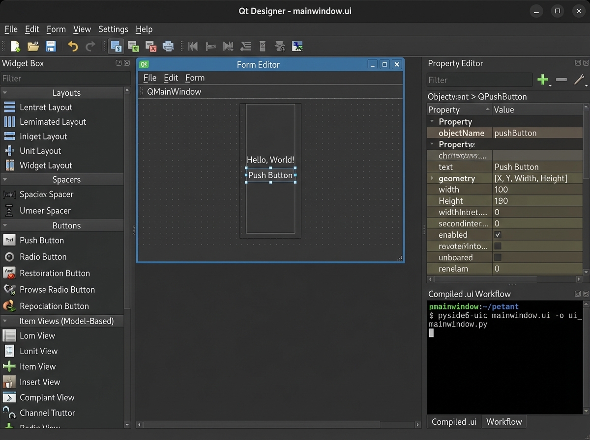 Qt Designer interface showing drag-and-drop widget panel, form layout editor with QMainWindow template, property inspector, and compiled .ui file workflow for PySide6 cross-platform desktop app development