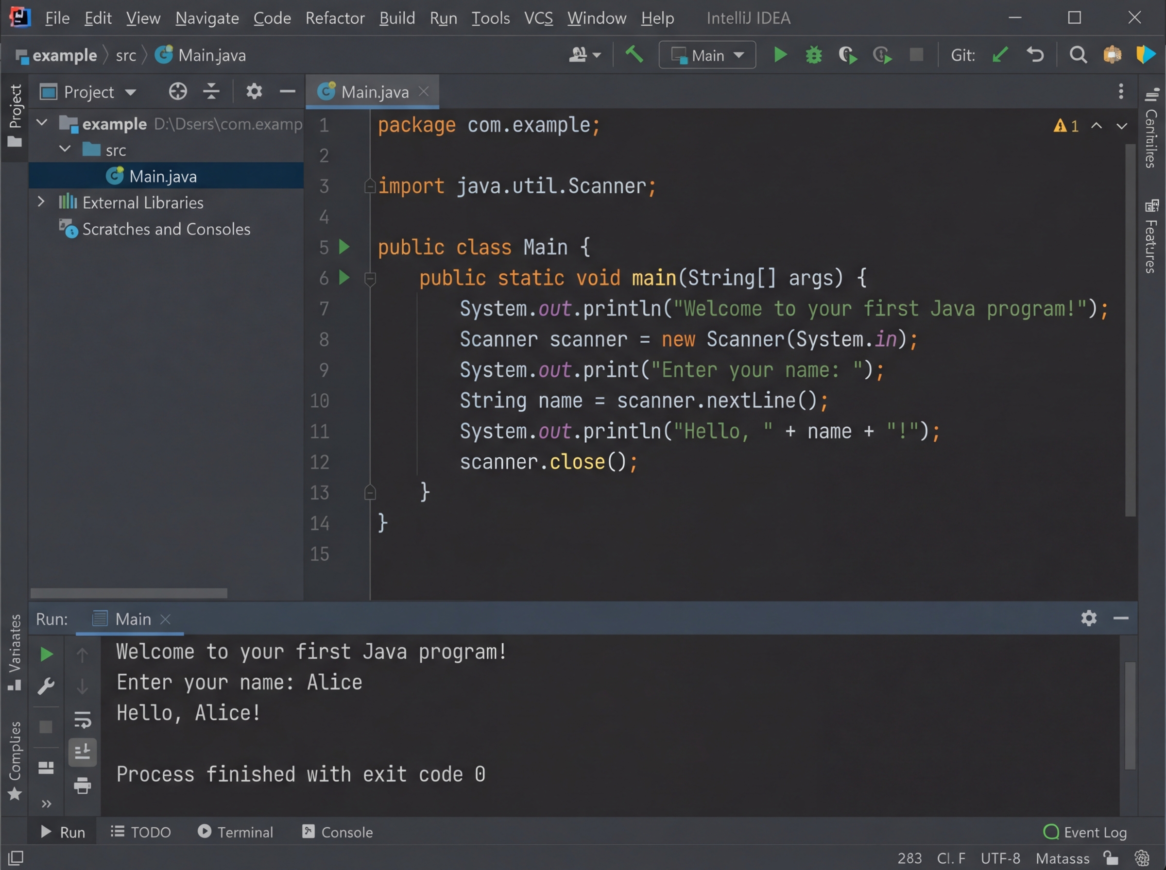 Java IDE showing first program with main method, System.out.println statement, Scanner for user input, and successful console output demonstrating basic Java program structure