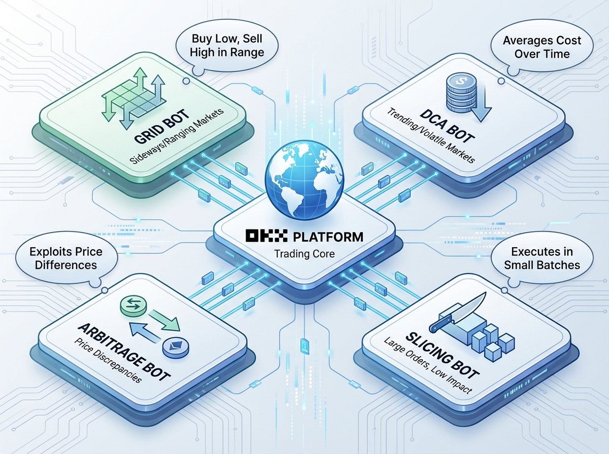 OKX trading bot ecosystem diagram showing four bot types — Grid, DCA, Arbitrage, Slicing — branching from central OKX platform with market condition labels for each bot strategy