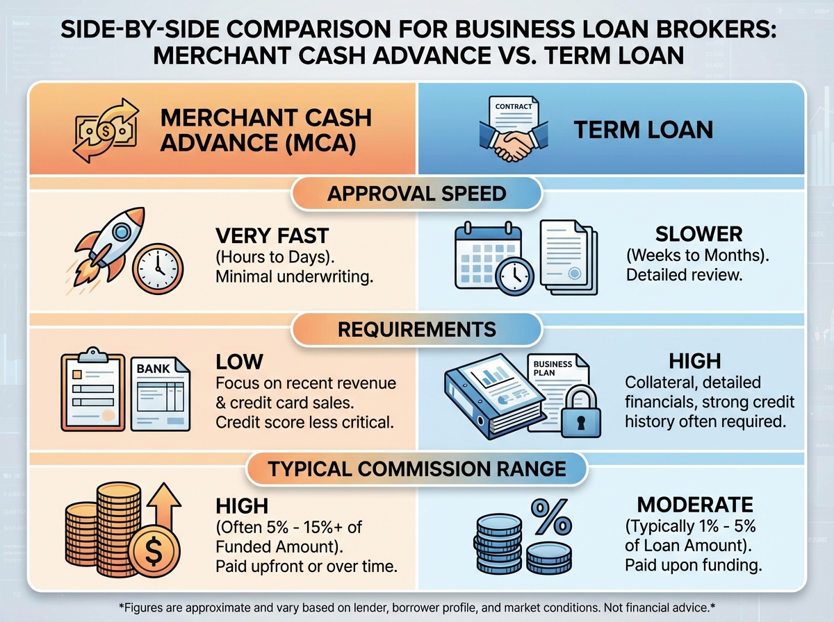 Side-by-side comparison of merchant cash advance vs. term loan for business loan brokers, showing approval speed, requirements, and typical commission range