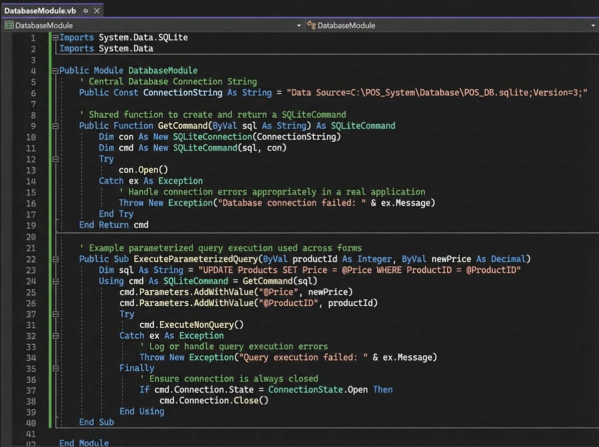 Visual Basic .NET central module code showing database connection string, shared SQLiteCommand function, and parameterized query execution used across all POS system forms
