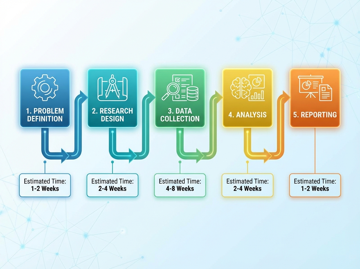 Marketing research process stage map with five labeled phases in a horizontal sequence: problem definition, research design, data collection, analysis, and reporting, with estimated time ranges shown below each phase