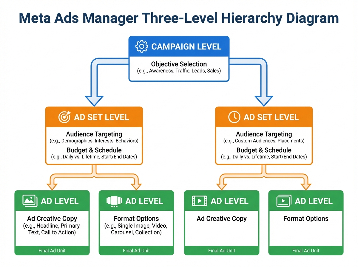 Meta Ads Manager three-level hierarchy diagram showing Campaign objective selection branching into Ad Set audience targeting and budget then into Ad creative copy and format options