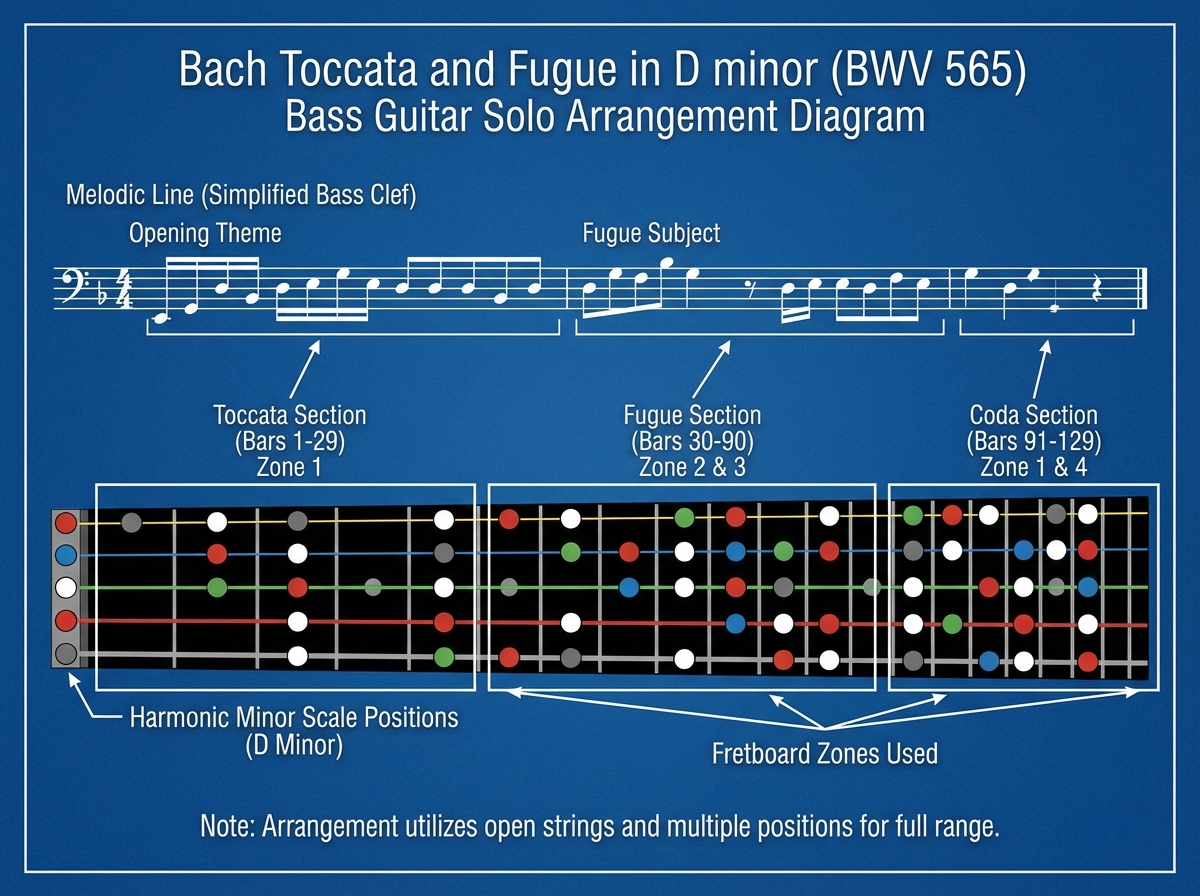 Bach Toccata and Fugue in D minor bass guitar solo arrangement diagram showing melodic line, harmonic minor scale positions, and fretboard zones used across the full BWV 565 piece