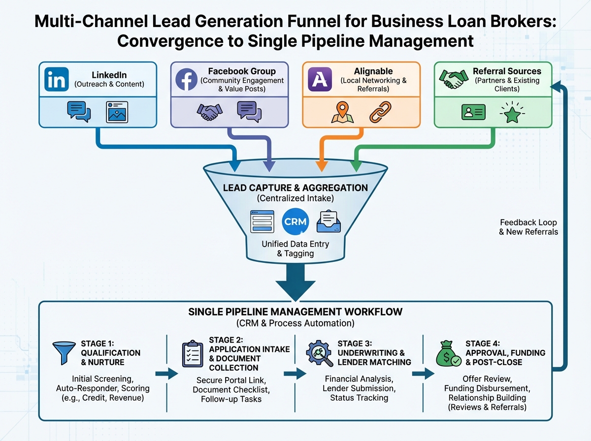 Multi-channel lead generation funnel for business loan brokers showing LinkedIn, Facebook group, Alignable, and referral sources converging into a single pipeline management workflow