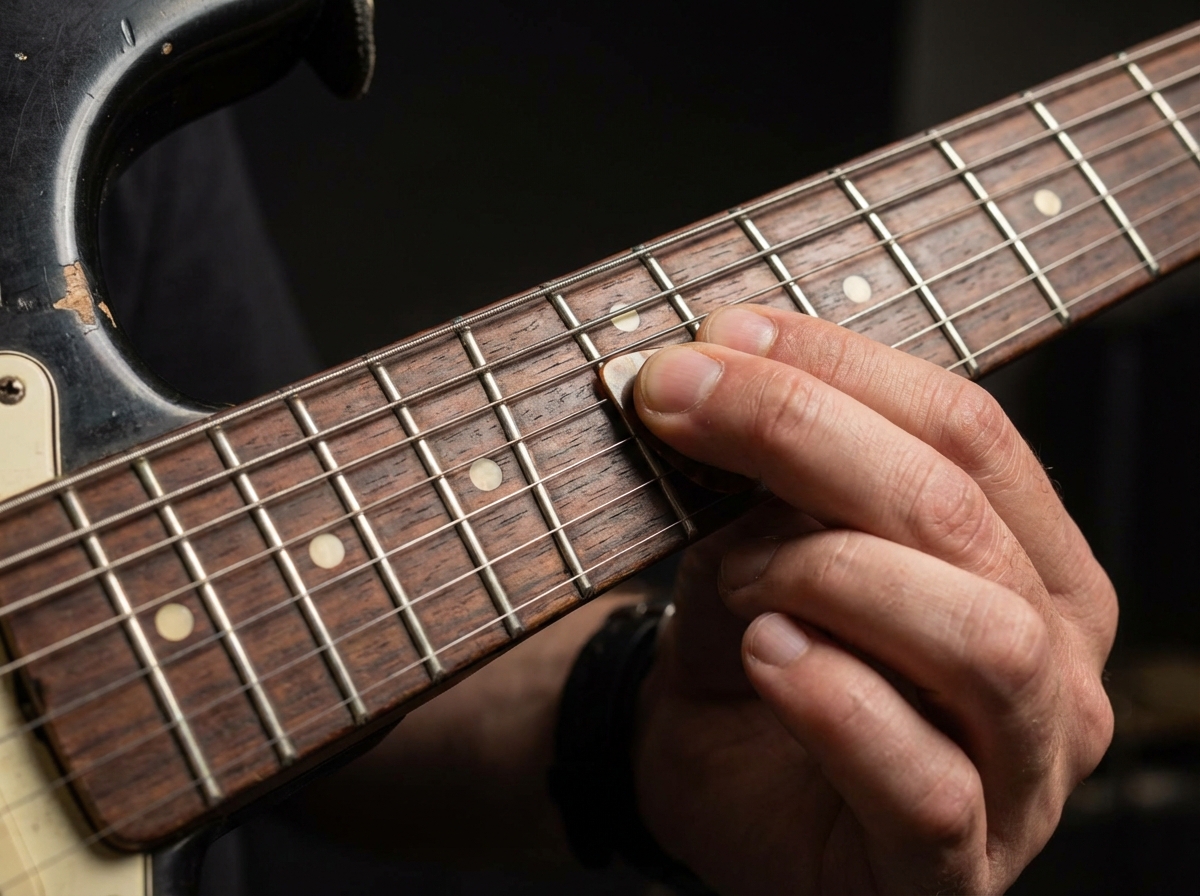 Close-up scene of picking hand index finger tapping electric guitar fretboard at 12th fret with correct press-into-fret angle showing proper guitar tapping technique hand position