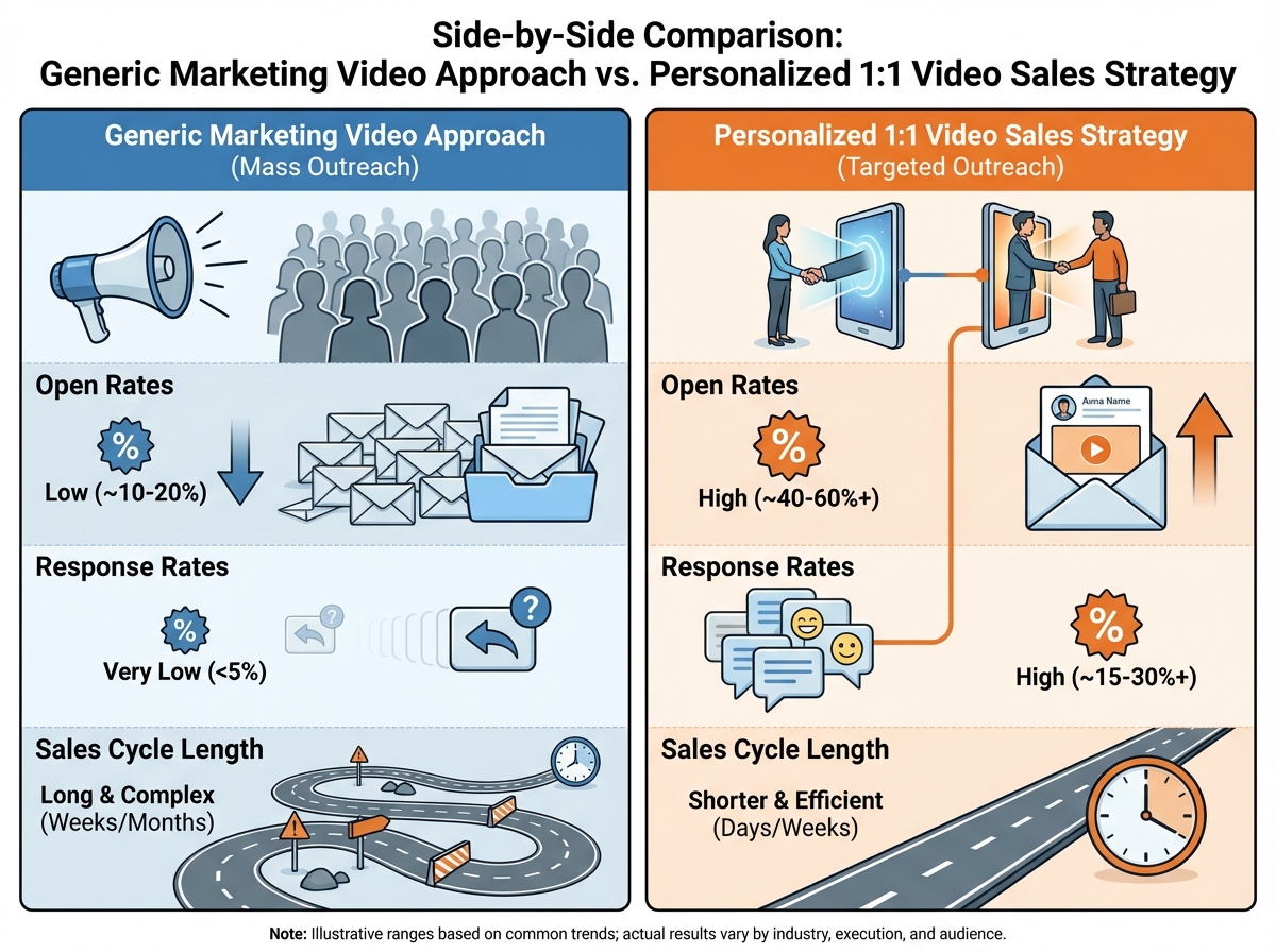 Side-by-side comparison of generic marketing video approach versus personalized 1:1 video sales strategy, showing open rates, response rates, and sales cycle length differences