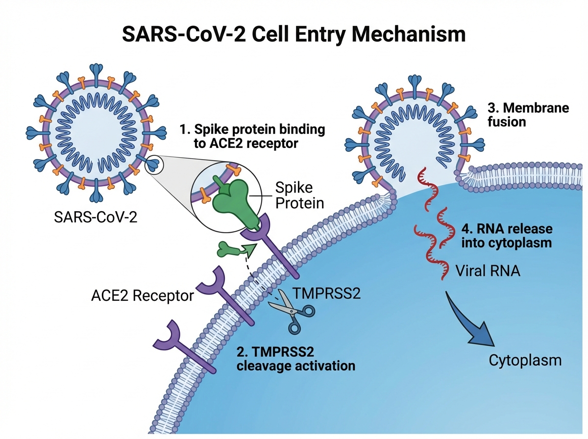 SARS-CoV-2 cell entry mechanism diagram showing spike protein binding to ACE2 receptor, TMPRSS2 cleavage activation, membrane fusion, and RNA release into cytoplasm with labeled steps