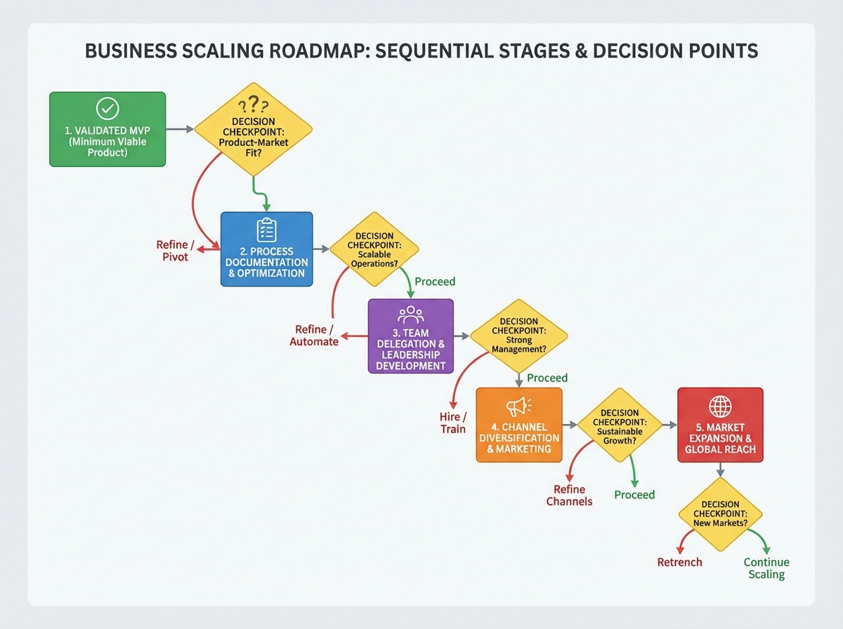 Business scaling roadmap diagram showing sequential stages from validated MVP through process documentation, team delegation, channel diversification, and market expansion with decision checkpoints at each stage