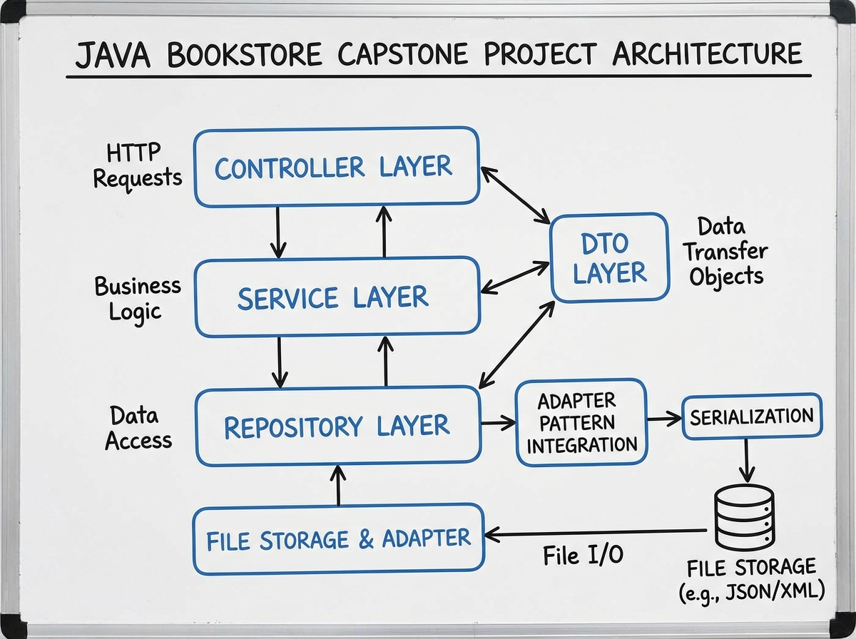 Java bookstore capstone project architecture diagram showing Controller, Service, Repository, and DTO layers with arrows indicating data flow, Adapter pattern integration, and serialization to file storage