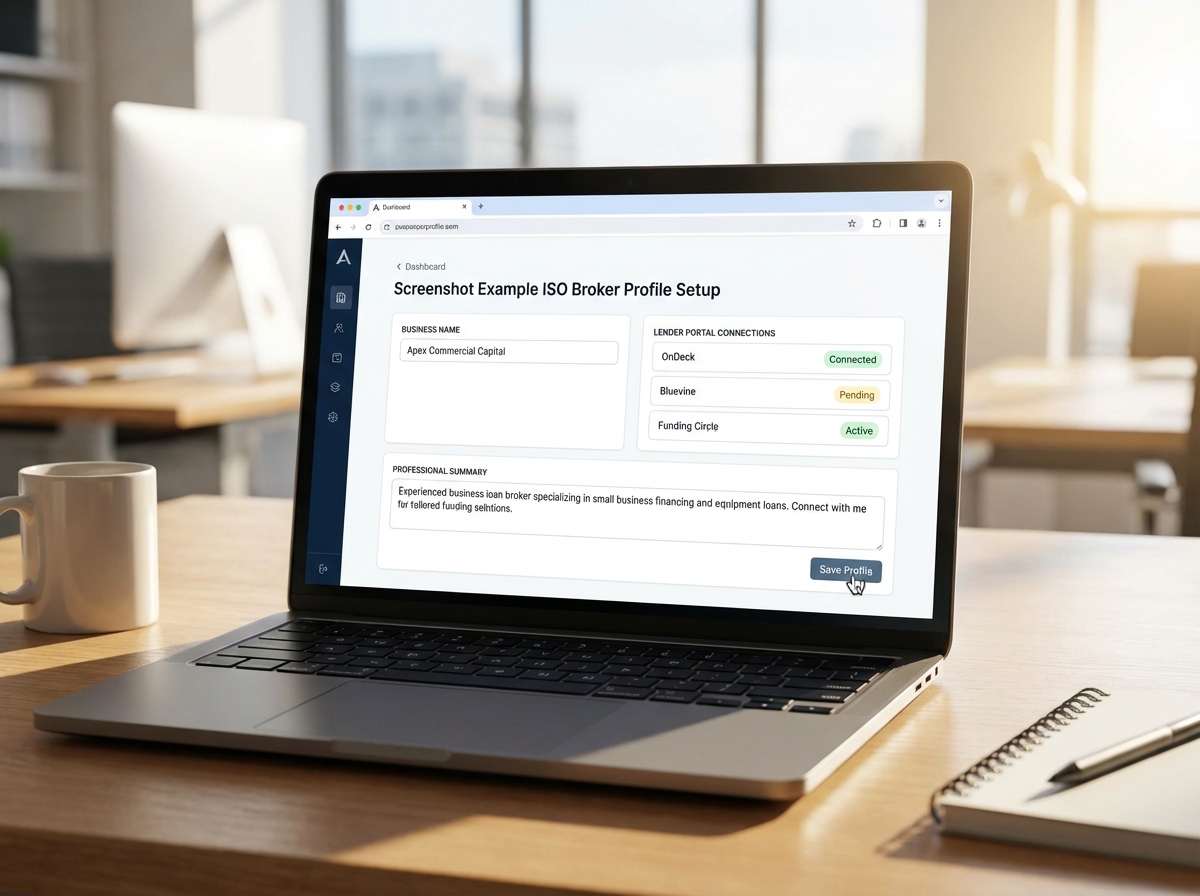 Example ISO broker profile setup showing business name, lender portal connections, and professional summary fields used in business loan broker outreach