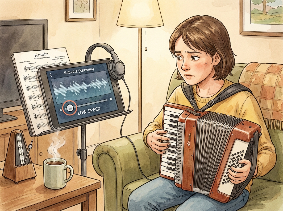 Scene illustration of a beginner playing piano accordion alongside a phone or tablet showing a backing track waveform for Katusha, with tempo slider set to low speed, demonstrating play-along practice setup for Russian folk song ear learning