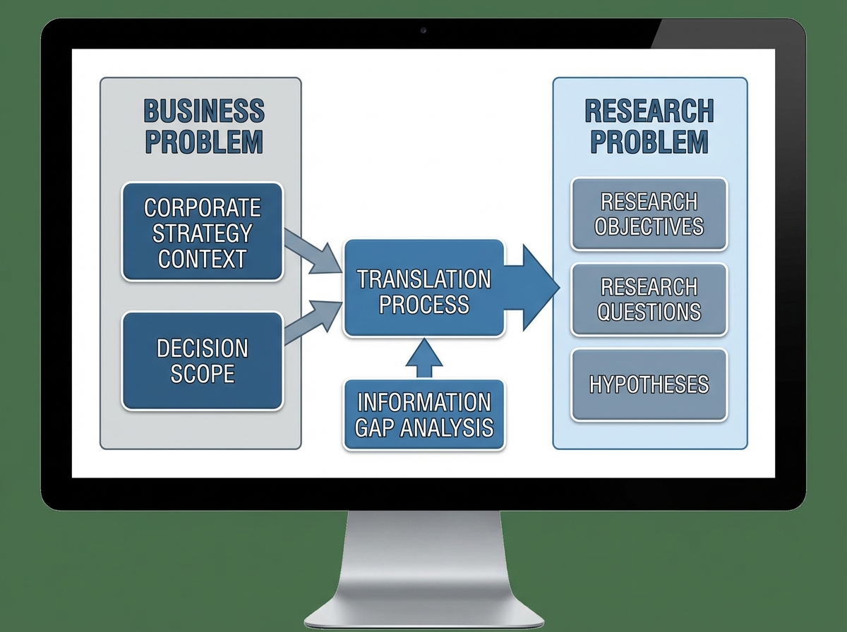 Marketing research problem definition framework showing the translation from business problem to research problem, with inputs including corporate strategy context, decision scope, and information gap analysis