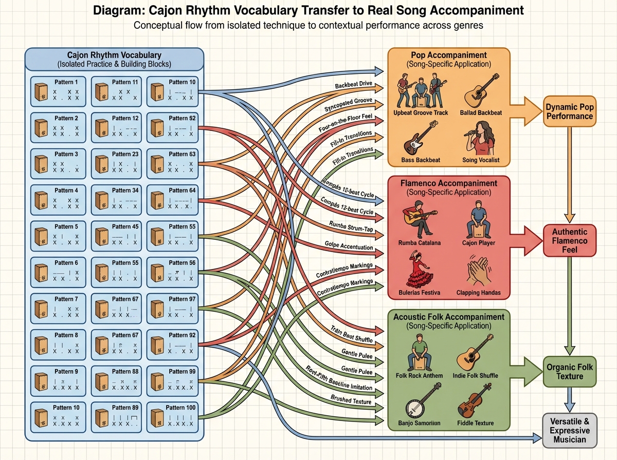 Diagram showing how cajon rhythm vocabulary transfers to real song accompaniment, with arrows from rhythm patterns 1–100 connecting to genre examples including pop, flamenco, and acoustic folk