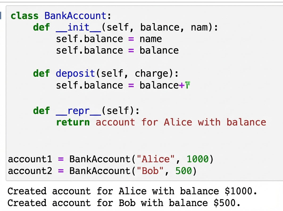 Python REPL or notebook showing two BankAccount instances being created with different names and balances, then deposit called on one instance while the other remains unchanged — demonstrating independent object state