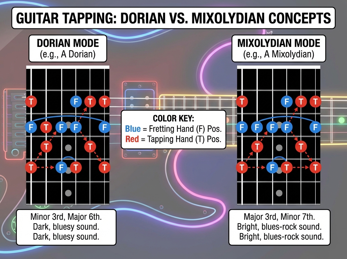Concept diagram showing guitar tapping in Dorian mode versus Mixolydian mode on electric guitar fretboard with color-coded tapping hand and fretting hand note positions for each modal shape