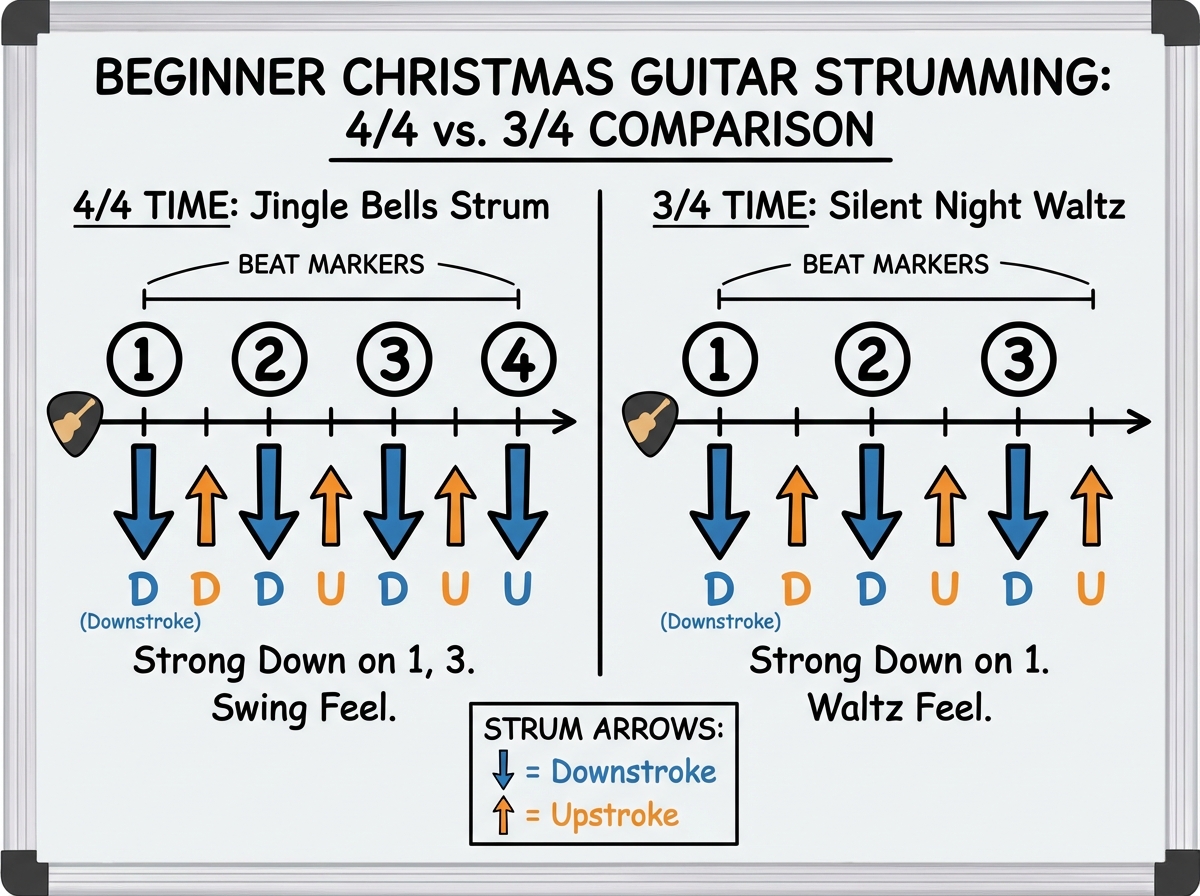 Visual diagram showing 4/4 versus 3/4 strumming pattern comparison for beginner Christmas guitar songs, with beat markers and downstroke arrows labeled clearly