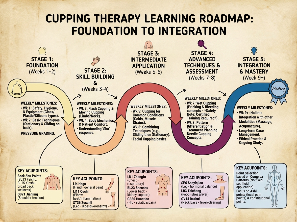 Cupping therapy learning roadmap timeline showing five stages from foundation through integration, with weekly milestones and key cupping therapy acupoints introduced at each stage