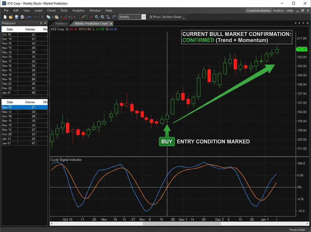 Example weekly stock market prediction chart check showing a basic price chart with cycle signal indicator, entry condition marked, and current bull market confirmation annotation