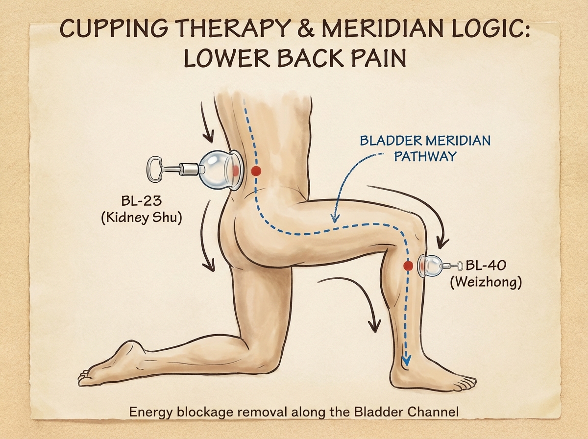 Concept diagram showing cupping therapy meridian pathway logic for lower back pain, tracing Bladder meridian from BL-23 lumbar point down through BL-40 knee point with suction cup icons at each location
