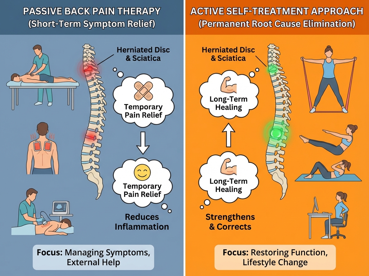 Side-by-side comparison of passive back pain therapy versus active self-treatment approach, showing short-term symptom relief versus permanent root cause elimination for herniated disc and sciatica
