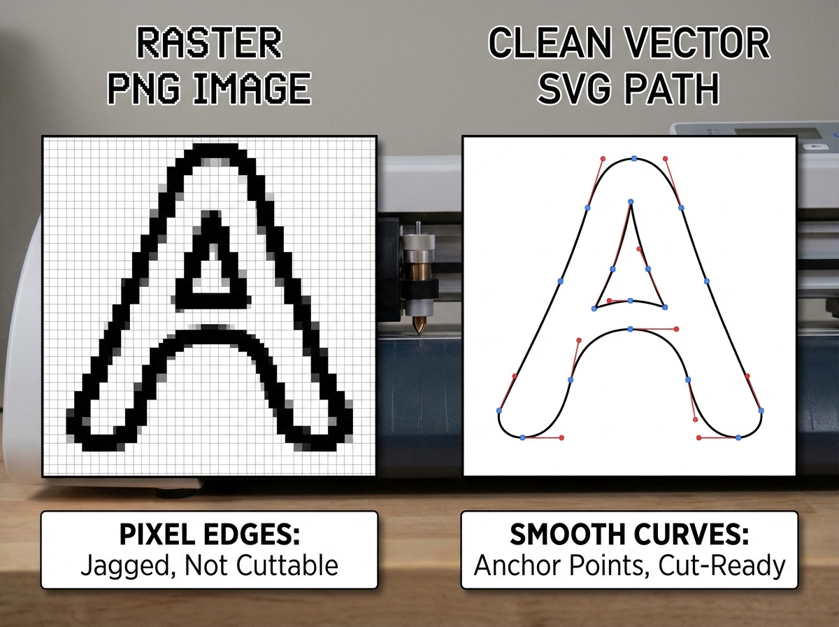 Side-by-side comparison of raster PNG image versus clean vector SVG path used in vinyl decal cutting, showing pixel edges versus smooth anchor-point curves