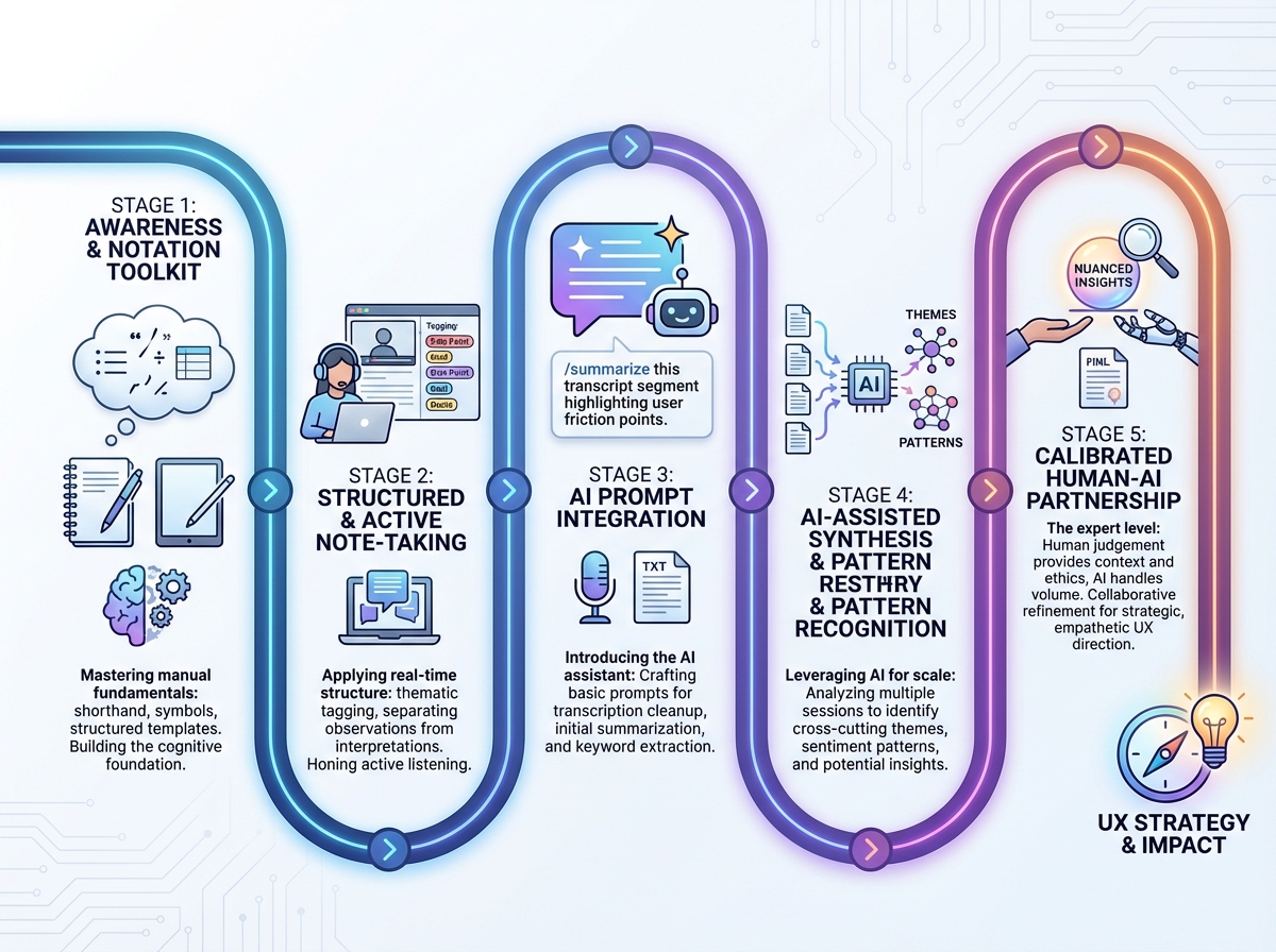 UX research note-taking learning path roadmap with five sequential stages from awareness and notation toolkit through AI prompt integration to calibrated human-AI partnership