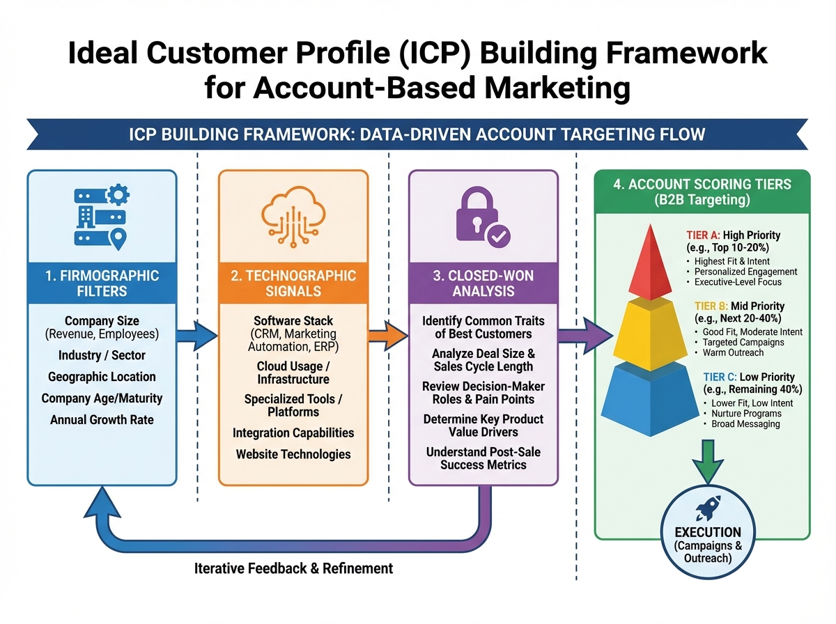 Ideal Customer Profile building framework for account-based marketing showing firmographic filters, technographic signals, closed-won analysis, and account scoring tiers for B2B targeting