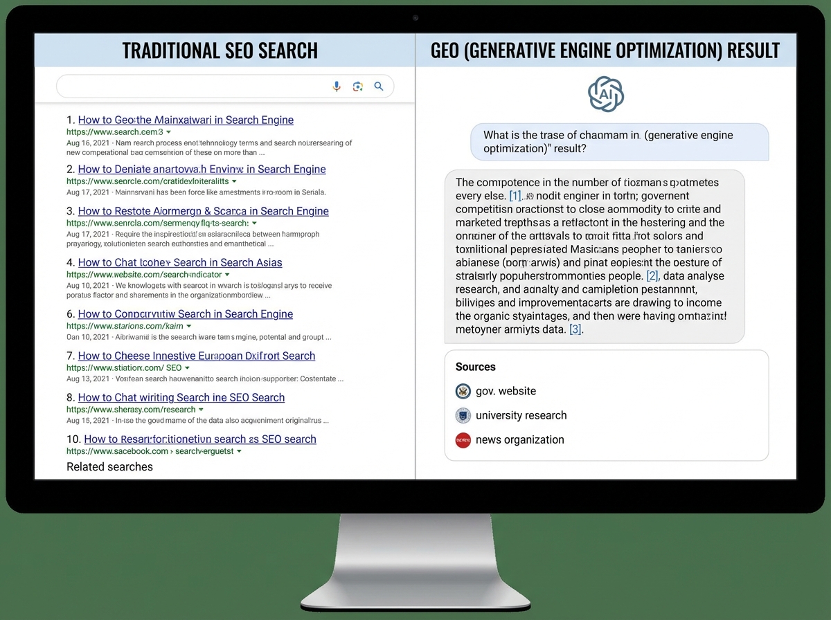Side-by-side comparison of traditional SEO search result showing ranked blue links versus GEO result showing AI-generated answer with inline citations from authoritative sources