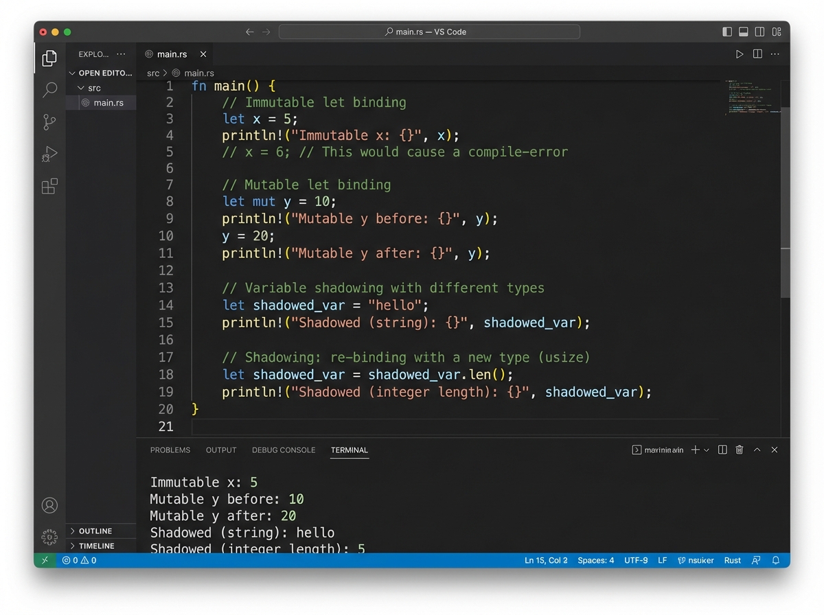Rust code editor showing let binding with and without mut keyword, plus variable shadowing example where a string type is re-bound as an integer using let