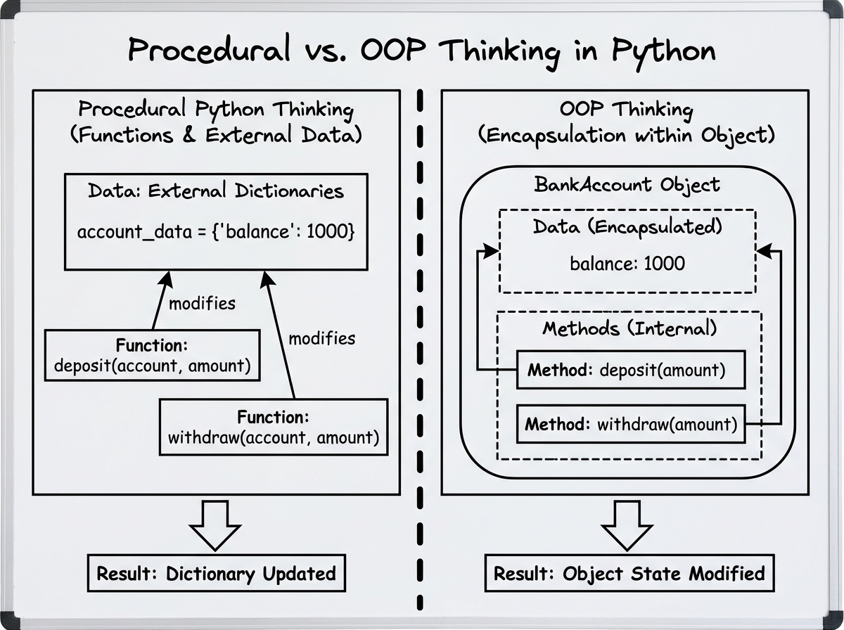 Diagram contrasting procedural Python thinking (functions acting on external dictionaries) versus OOP thinking (BankAccount object encapsulating balance data and deposit/withdraw methods internally)