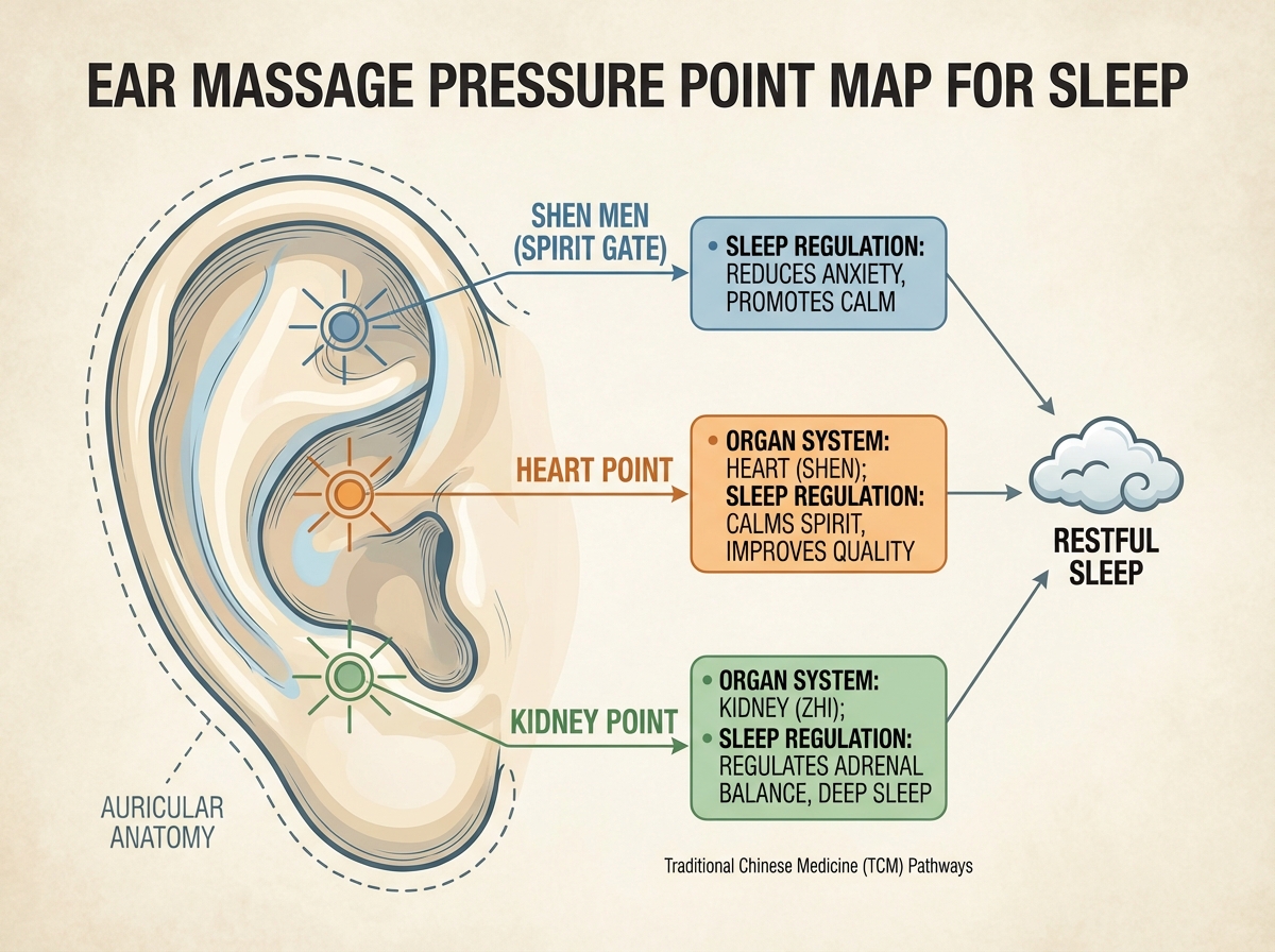 Ear massage pressure point map for sleep showing kidney, heart, and shen men points on outer ear anatomy, labeled with corresponding organ systems and sleep regulation pathways in Traditional Chinese Medicine
