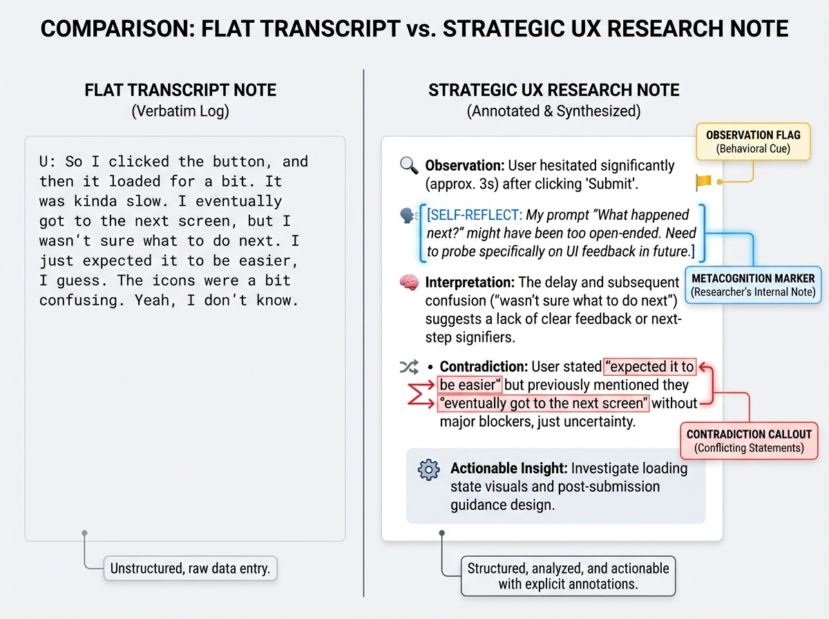 Side-by-side comparison of a flat transcript note versus a strategic UX research note with metacognition markers, observation flags, and contradiction callouts labeled