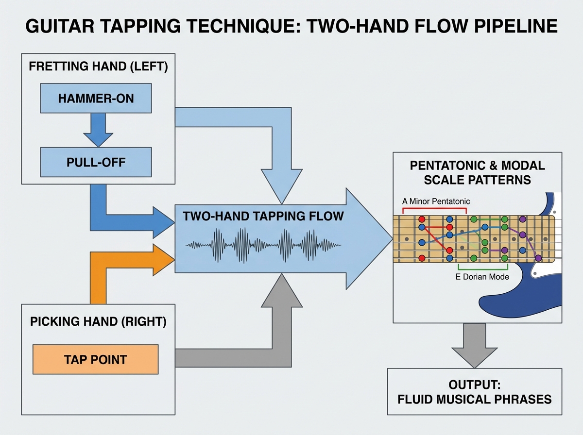 Guitar tapping technique full pipeline diagram showing two-hand tapping flow from fretting hand hammer-on and pull-off through picking hand tap point to pentatonic and modal scale patterns on electric guitar fretboard
