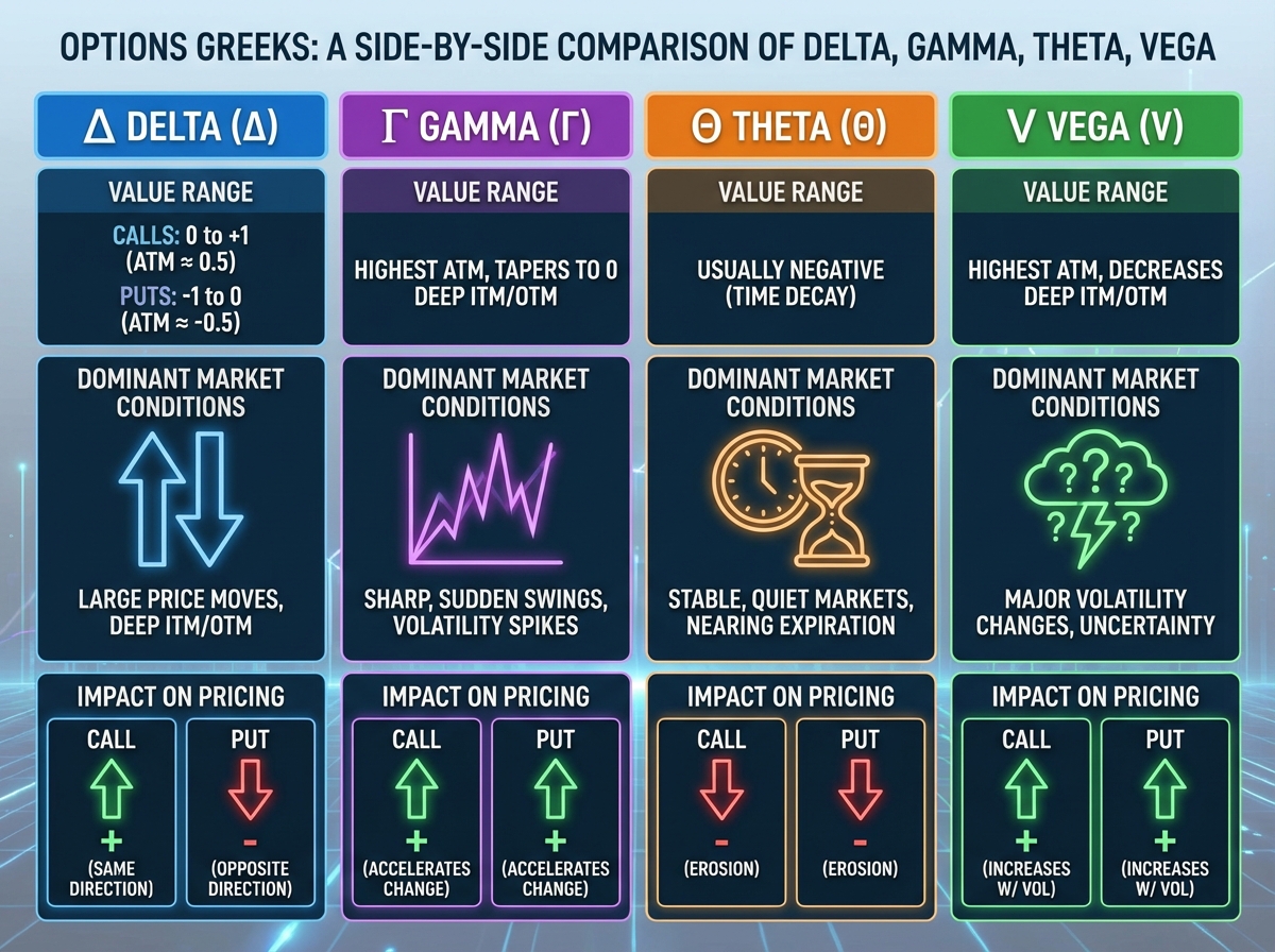 Side-by-side comparison of options Greeks Delta Gamma Theta Vega showing value ranges, market conditions where each dominates, and direction of impact on call versus put pricing
