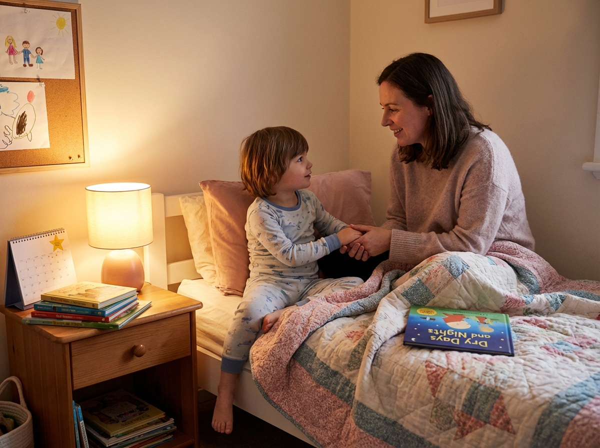 Parent and child having a calm bedtime conversation in a warmly lit bedroom, illustrating supportive communication approach for discussing nocturnal enuresis without shame