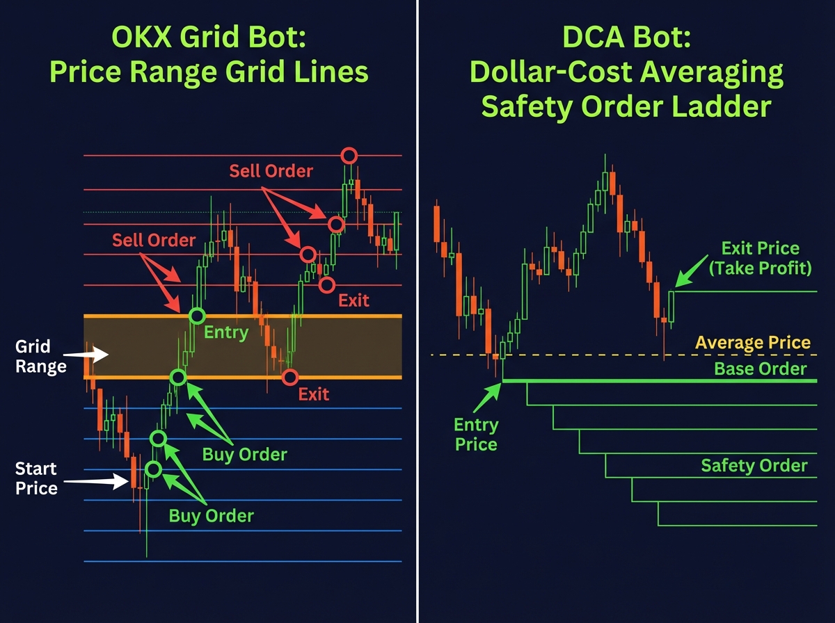 Side-by-side comparison of OKX Grid Bot vs DCA Bot showing price range grid lines versus dollar-cost averaging safety order ladder, with entry and exit points labeled