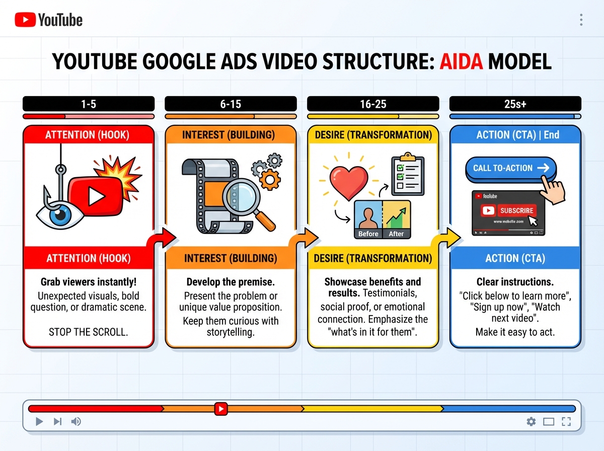 AIDA model diagram applied to YouTube Google Ads video structure showing Attention hook in first 5 seconds, Interest building seconds 6-15, Desire transformation seconds 16-25, and Action CTA at end