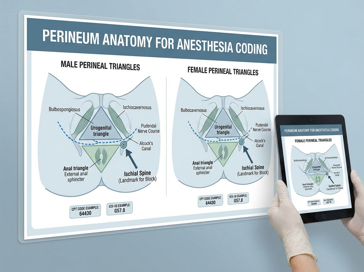Perineum anatomy for anesthesia coding showing male and female perineal triangles, pudendal nerve course through Alcock's canal, and ischial spine landmark for nerve block placement