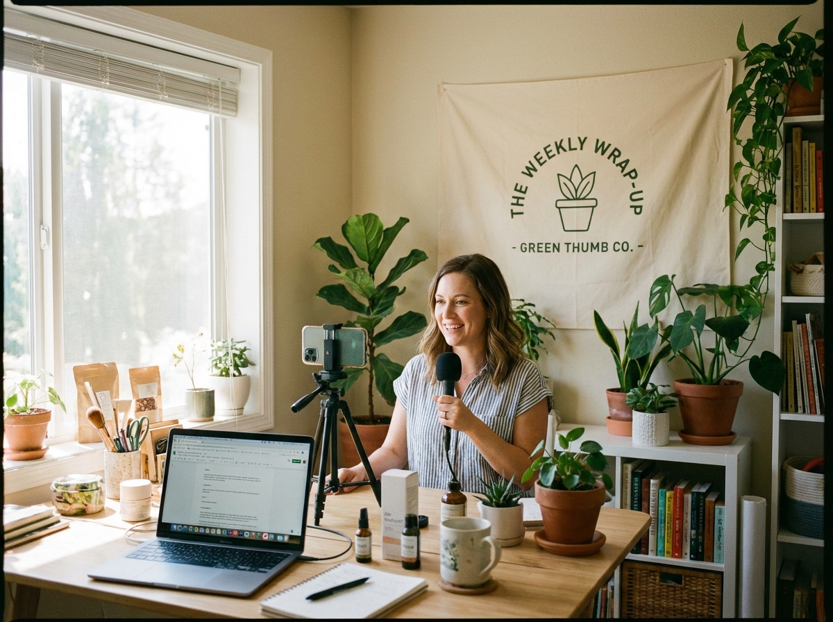 Small business owner filming a weekly video show episode in a home studio setup with natural window lighting, phone on tripod, and branded backdrop — illustrating repeatable show format production