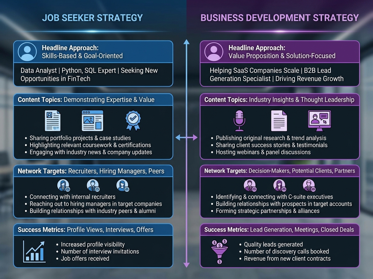 Side-by-side LinkedIn strategy comparison for job seekers versus business development showing different headline approaches, content topics, network targets, and success metrics
