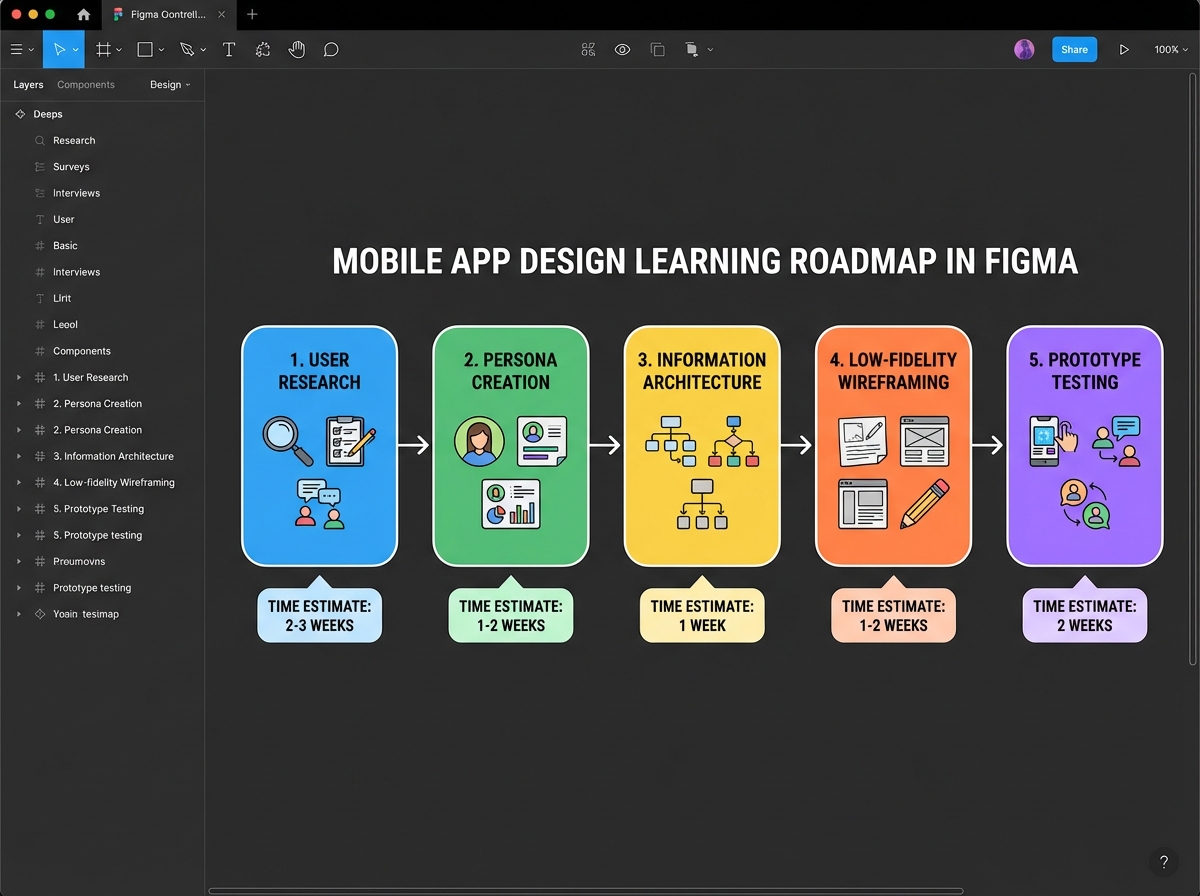 Mobile app design in Figma learning roadmap showing five sequential stages: user research, persona creation, information architecture, low-fidelity wireframing, and prototype testing with time estimates