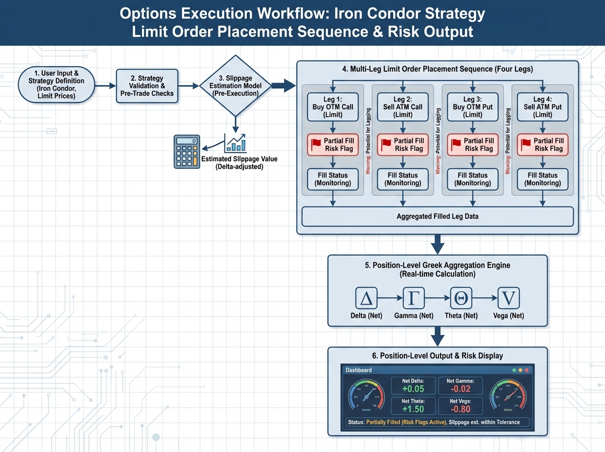 Options execution workflow diagram showing limit order placement sequence for four-leg iron condor strategy with slippage estimation, partial fill risk flags, and position-level Greek aggregation output