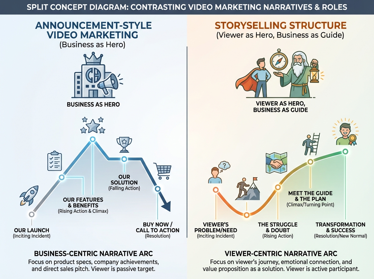 Split concept diagram contrasting announcement-style video marketing (business as hero) versus storyselling structure (viewer as hero, business as guide) with labeled narrative arc