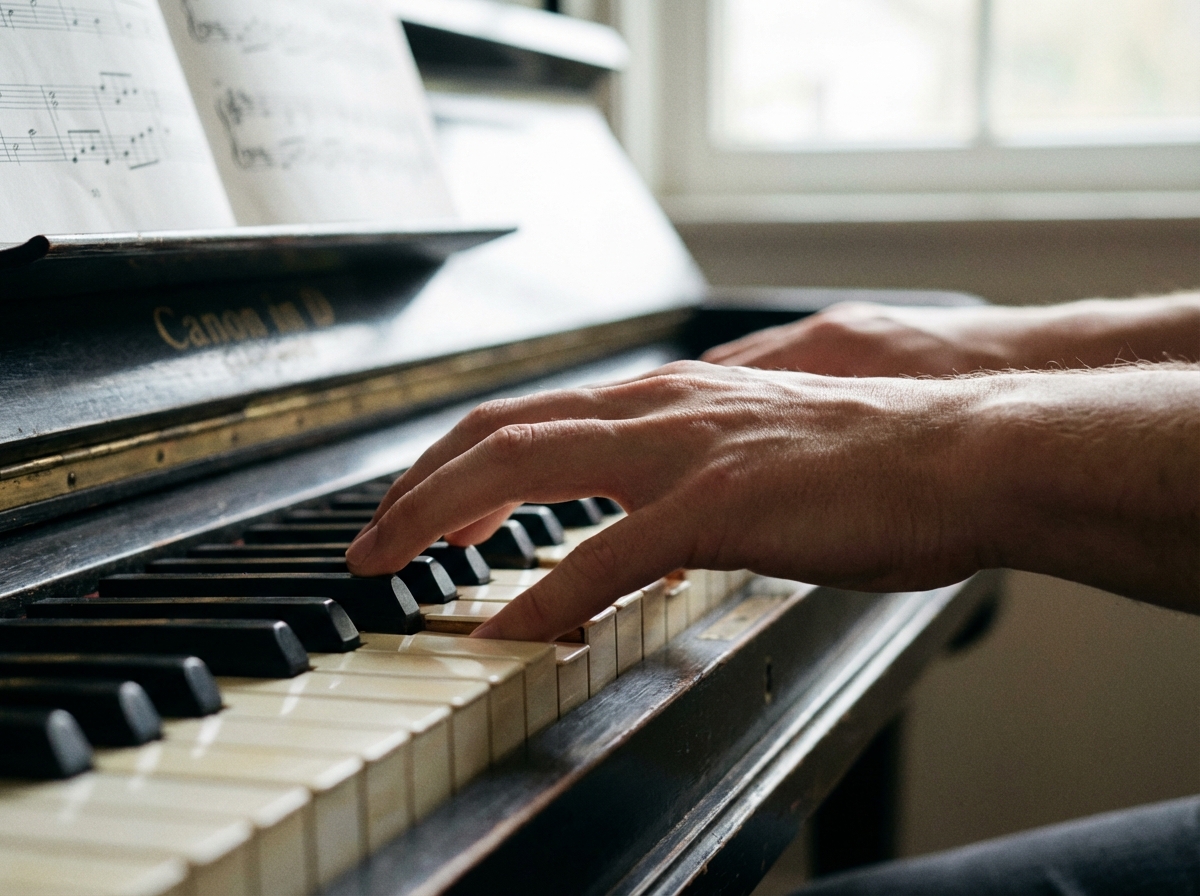 Close-up of pianist's hands on keyboard showing correct curved finger position for Canon in D piano practice, with fingers arched over white keys and wrist held level