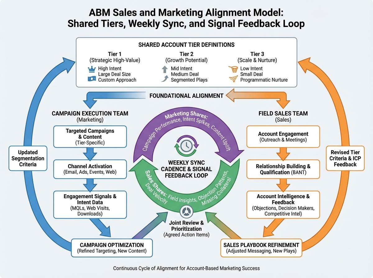 Sales and marketing alignment model for ABM showing shared account tier definitions, weekly sync cadence, signal feedback loop between field sales and campaign execution team