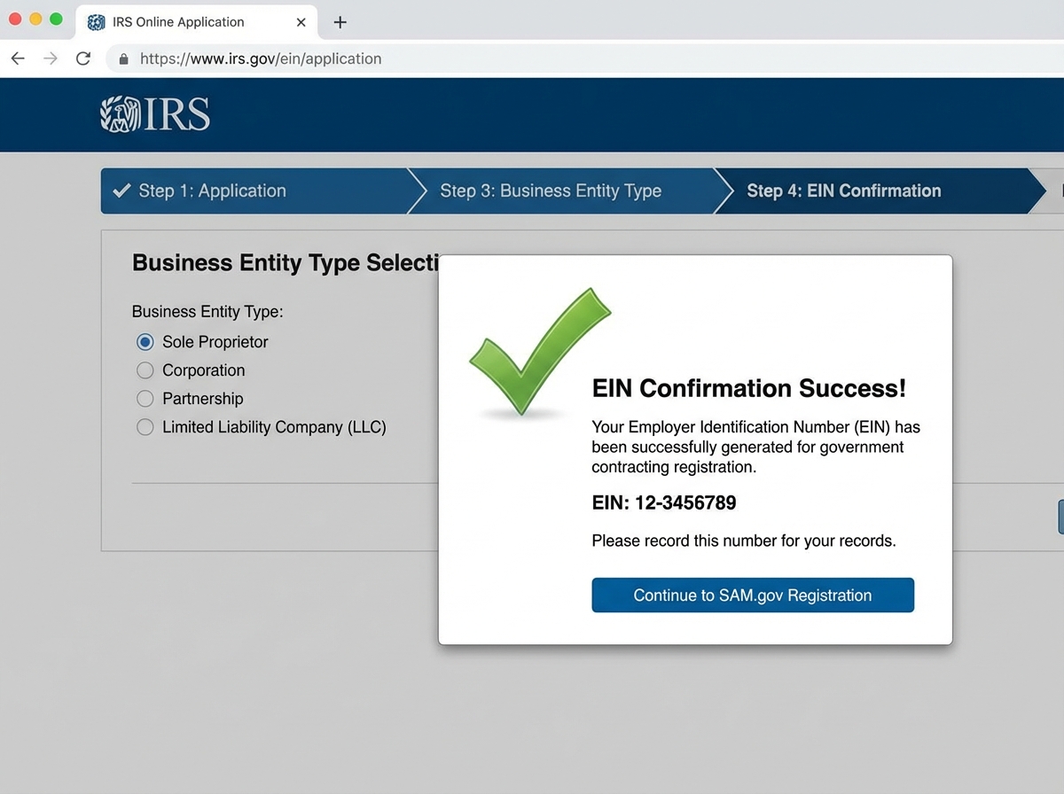 IRS EIN online application screen showing business entity type selection and tax identification number confirmation step, relevant to government contracting registration for beginners