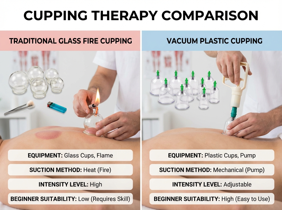 Side-by-side comparison of traditional glass fire cupping versus vacuum plastic cupping therapy showing equipment, suction method, intensity level, and beginner suitability indicators